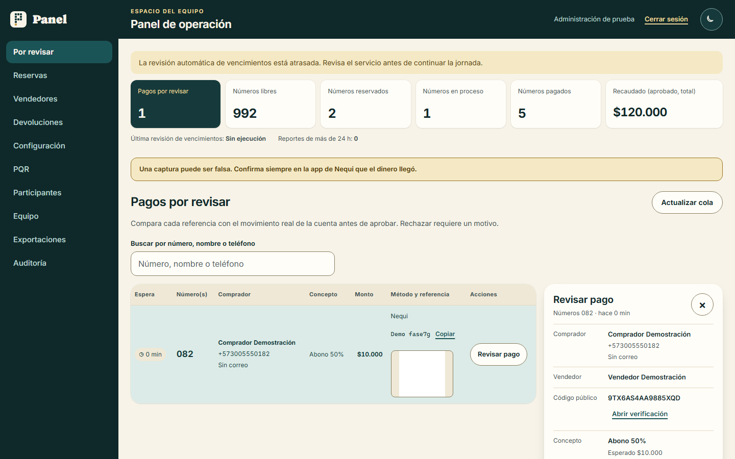 Panel de administración · revisión de pagos (claro, 1440x900) — toca para ampliar